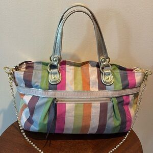 Coach  19026 poppy striped bag tote Crossbody/rhinestone chain add  gold leather